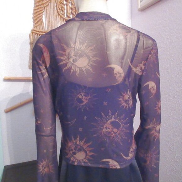 Cosmic Sheer Mesh Sun & Moon Skull Crop Top Size M Celestial Goth Witchy Emo Y2K - Picture 9 of 11